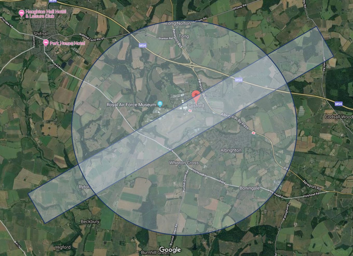 Image shows a geographical Google maps view of Cosford and the radar zone within which drones can legally fly,